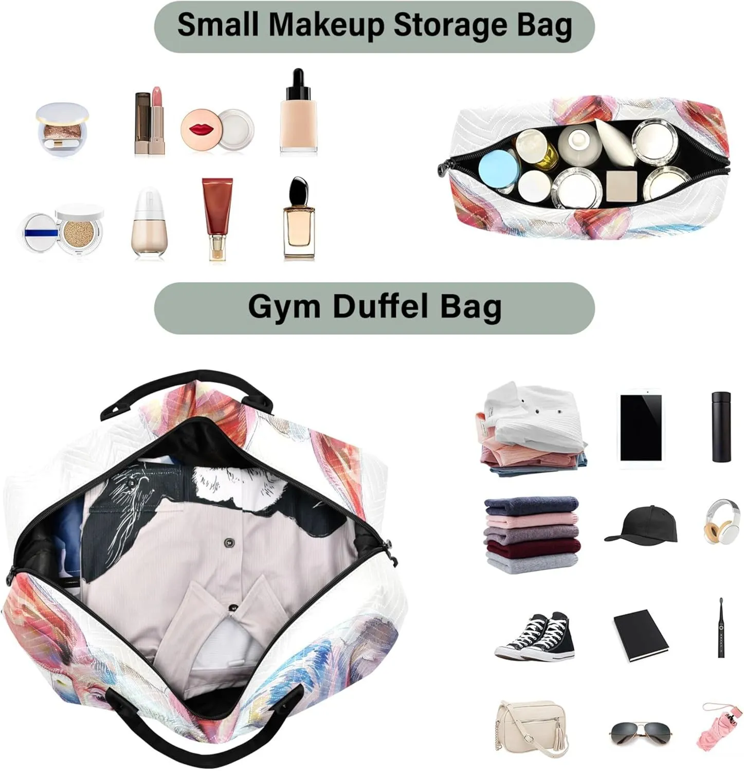 Watercolor of Pig on White Stock Photo Duffle Bag Travel Cosmetic Bags Set of 2, Animal Print Women Gym Tote Carry on Tote