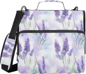 Watercolor Purple Lavender Flowers Zipper Binder with Shoulder Strap Trapper Keeper 3 Ring Binder Organizer Large Capacity Multiple Compartments for School Office