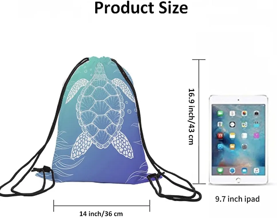 Watercolor Turtle Drawstring Bags Backpack Bag Ocean Sea Animal Seaweed Cartoon Doddle Art Underwater Bubble Sport Gym Sack Drawstring Bag String Bag Yoga Bag for Men Women