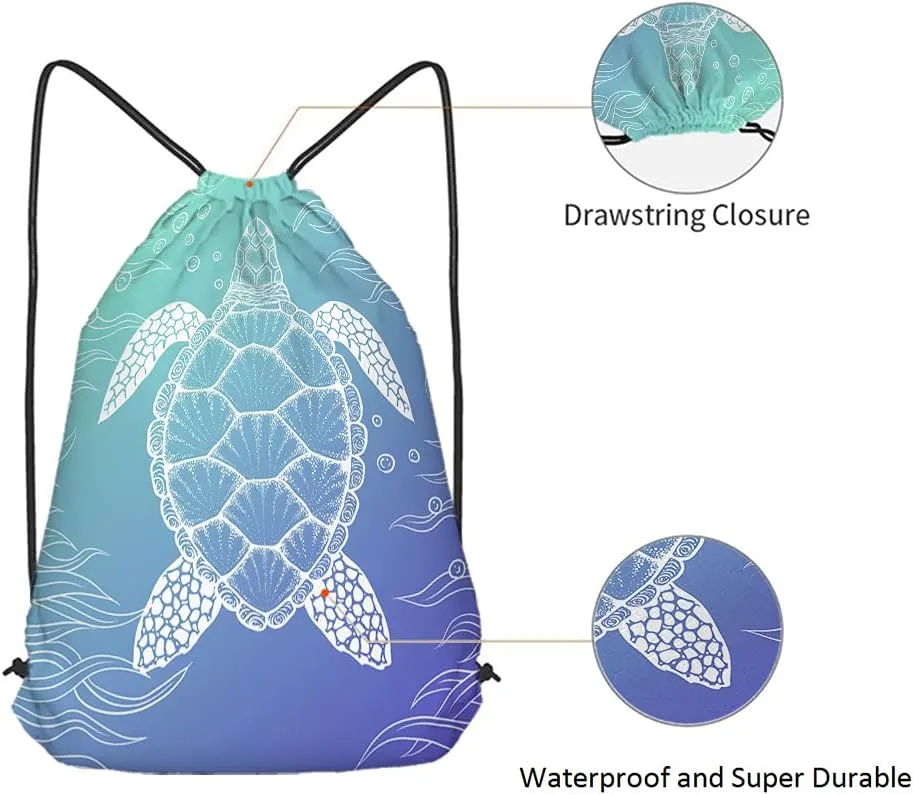 Watercolor Turtle Drawstring Bags Backpack Bag Ocean Sea Animal Seaweed Cartoon Doddle Art Underwater Bubble Sport Gym Sack Drawstring Bag String Bag Yoga Bag for Men Women