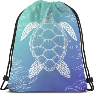 Watercolor Turtle Drawstring Bags Backpack Bag Ocean Sea Animal Seaweed Cartoon Doddle Art Underwater Bubble Sport Gym Sack Drawstring Bag String Bag Yoga Bag for Men Women