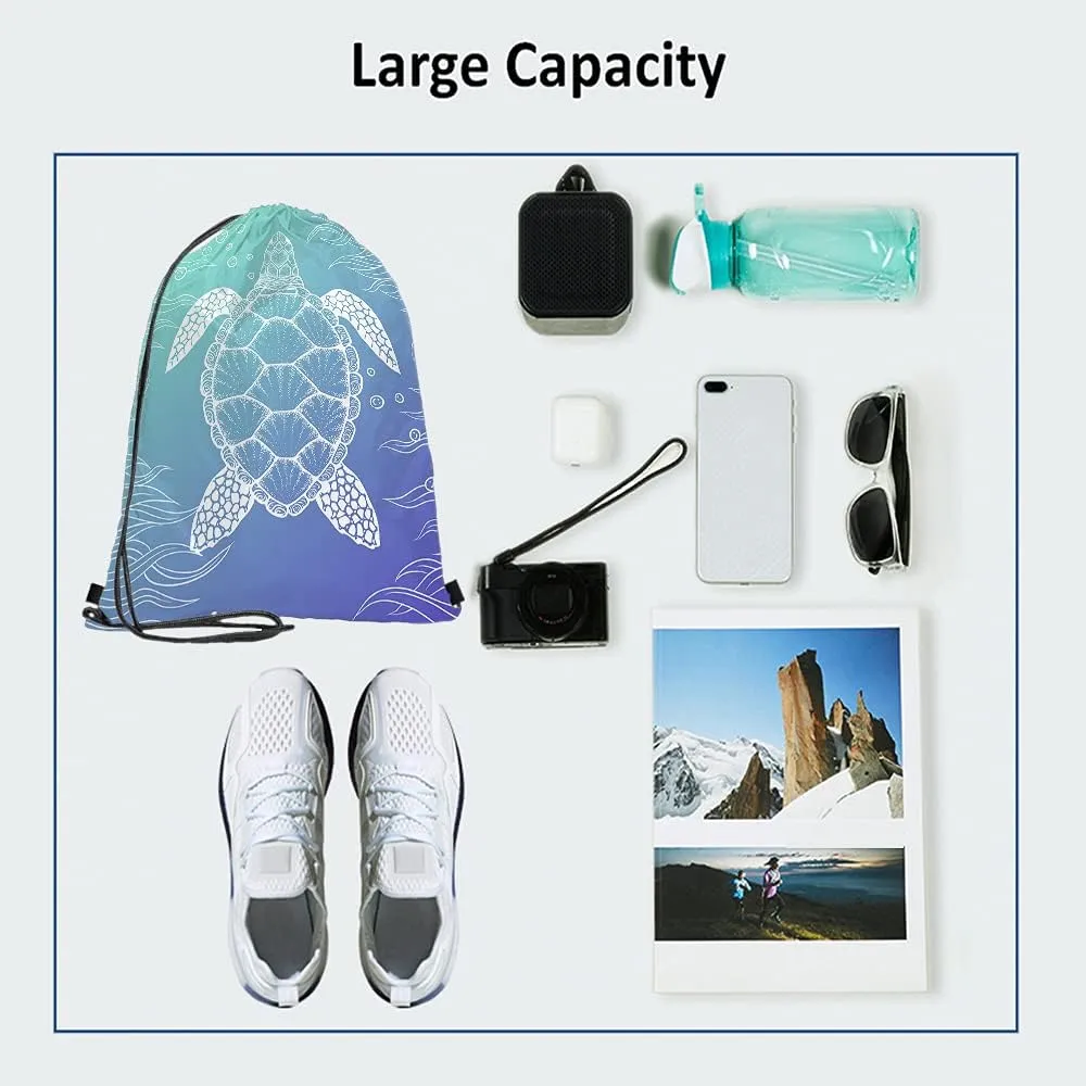 Watercolor Turtle Drawstring Bags Backpack Bag Ocean Sea Animal Seaweed Cartoon Doddle Art Underwater Bubble Sport Gym Sack Drawstring Bag String Bag Yoga Bag for Men Women