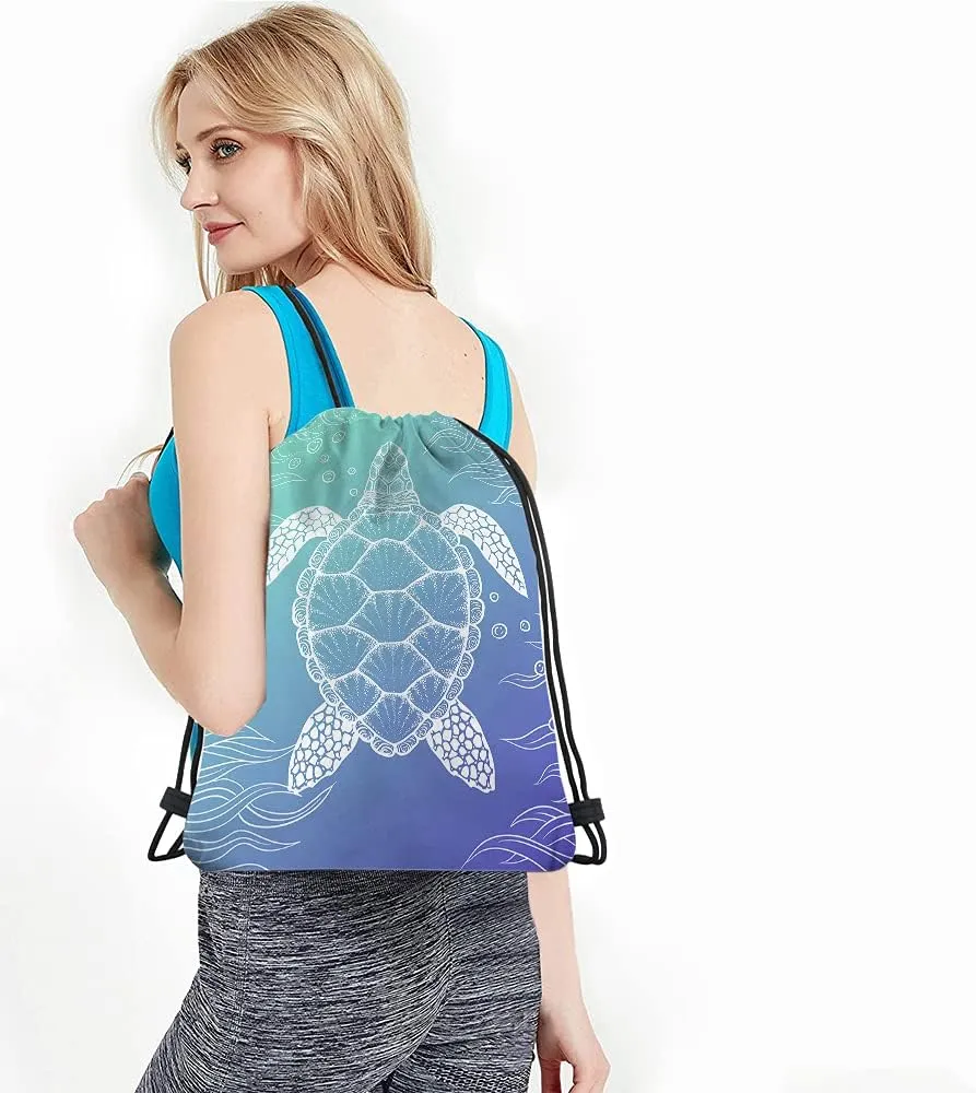 Watercolor Turtle Drawstring Bags Backpack Bag Ocean Sea Animal Seaweed Cartoon Doddle Art Underwater Bubble Sport Gym Sack Drawstring Bag String Bag Yoga Bag for Men Women
