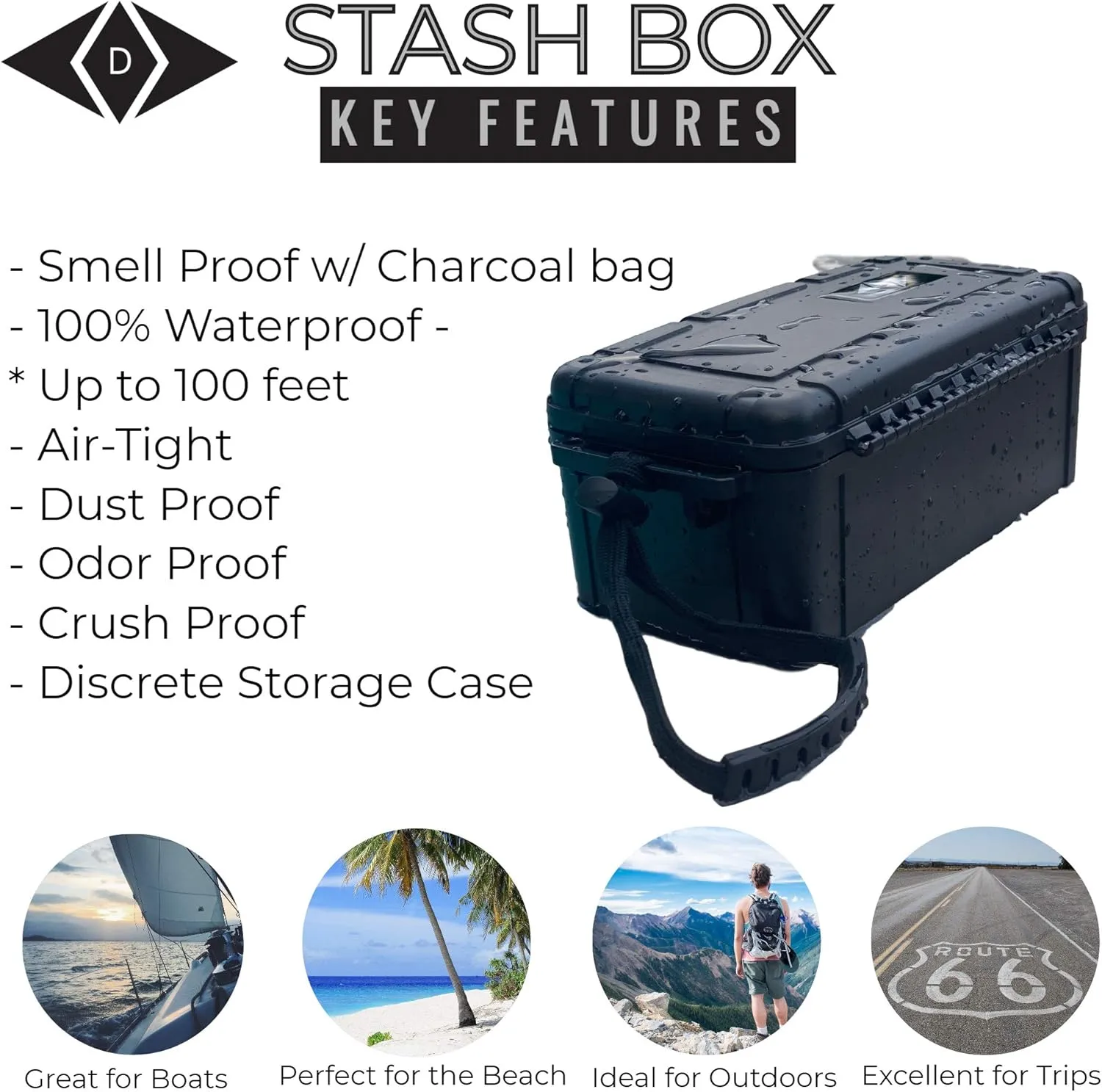 Waterproof Box Combo with Lock, 100 mL Airtight UV Jar, Charcoal Bag, 2 Odorless Resealable Bags and Accessories Kit Pouch