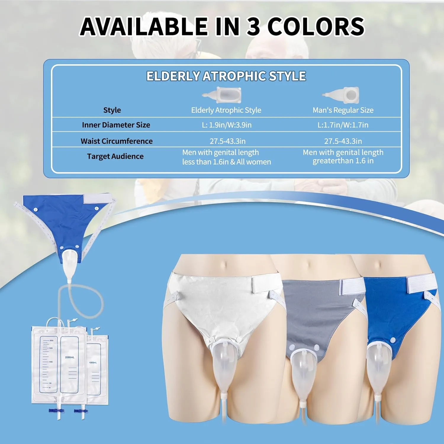 Wearable Urinal Bag with Reusable Silicone Catheter (2000ml & 1000ml), Portable External Urine Collector Comfortable & Discreet, Elderly Men Blue