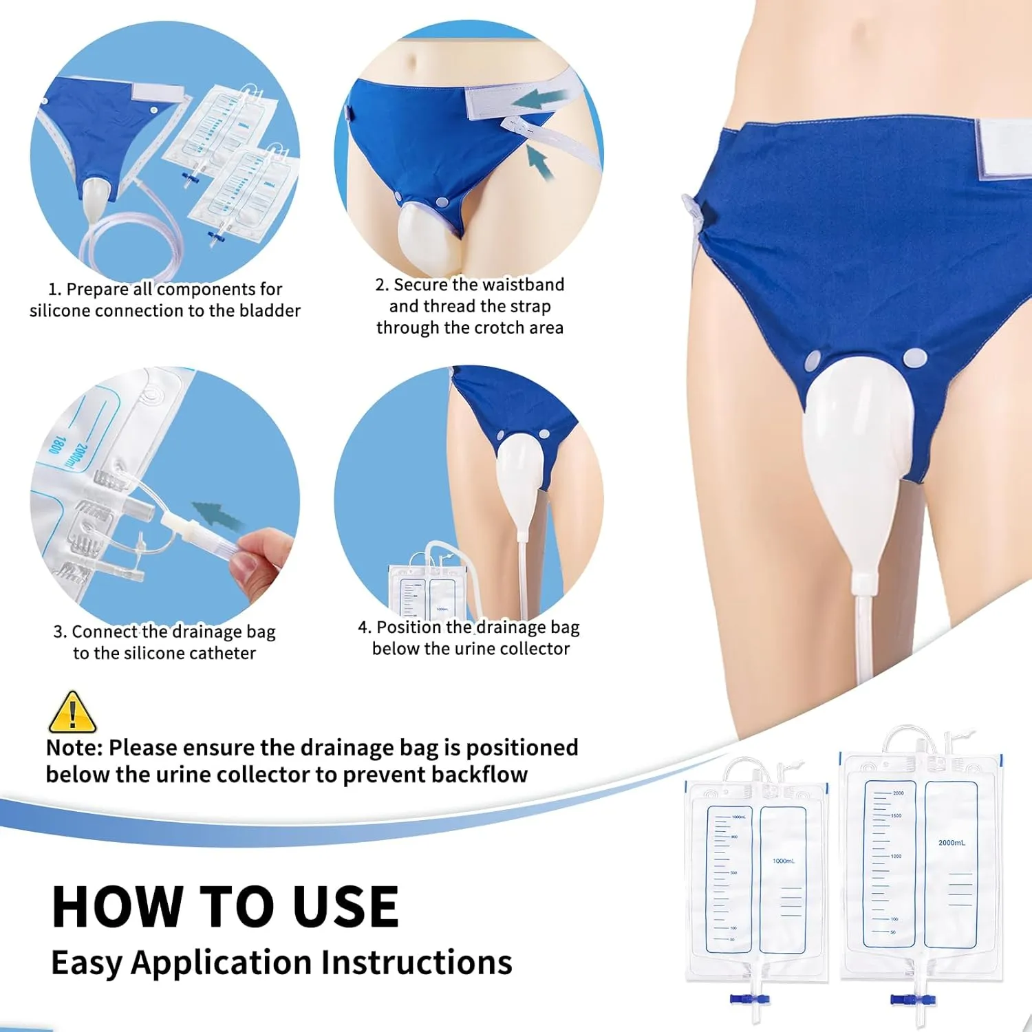 Wearable Urinal Bag with Reusable Silicone Catheter (2000ml & 1000ml), Portable External Urine Collector Comfortable & Discreet, Elderly Men Blue