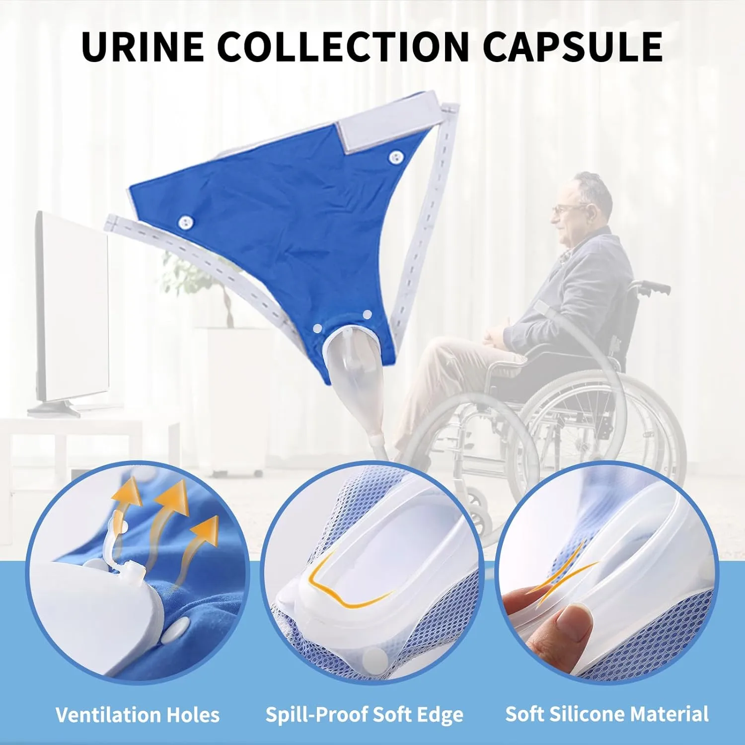 Wearable Urinal Bag with Reusable Silicone Catheter (2000ml & 1000ml), Portable External Urine Collector Comfortable & Discreet, Elderly Men Blue