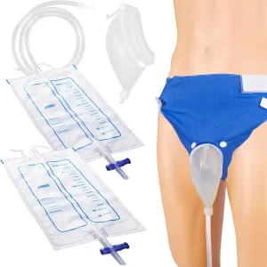 Wearable Urinal Bag with Reusable Silicone Catheter (2000ml & 1000ml), Portable External Urine Collector Comfortable & Discreet, Elderly Men Blue