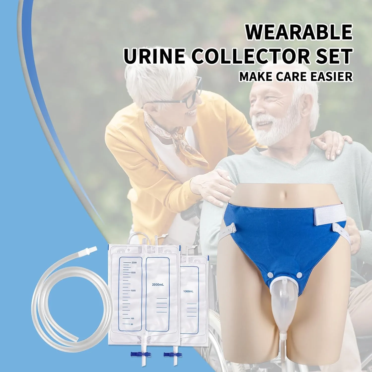 Wearable Urinal Bag with Reusable Silicone Catheter (2000ml & 1000ml), Portable External Urine Collector Comfortable & Discreet, Elderly Men Blue