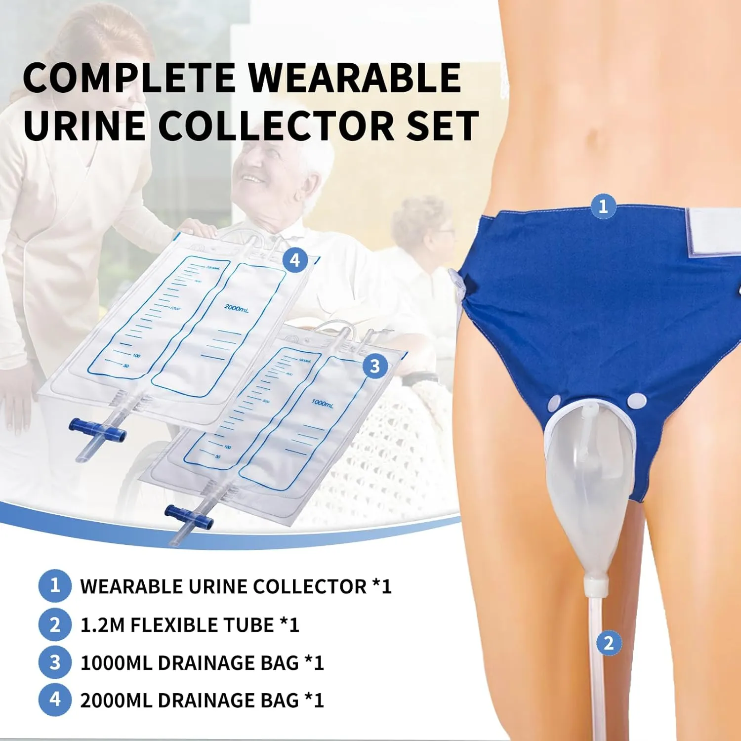 Wearable Urinal Bag with Reusable Silicone Catheter (2000ml & 1000ml), Portable External Urine Collector Comfortable & Discreet, Elderly Men Blue