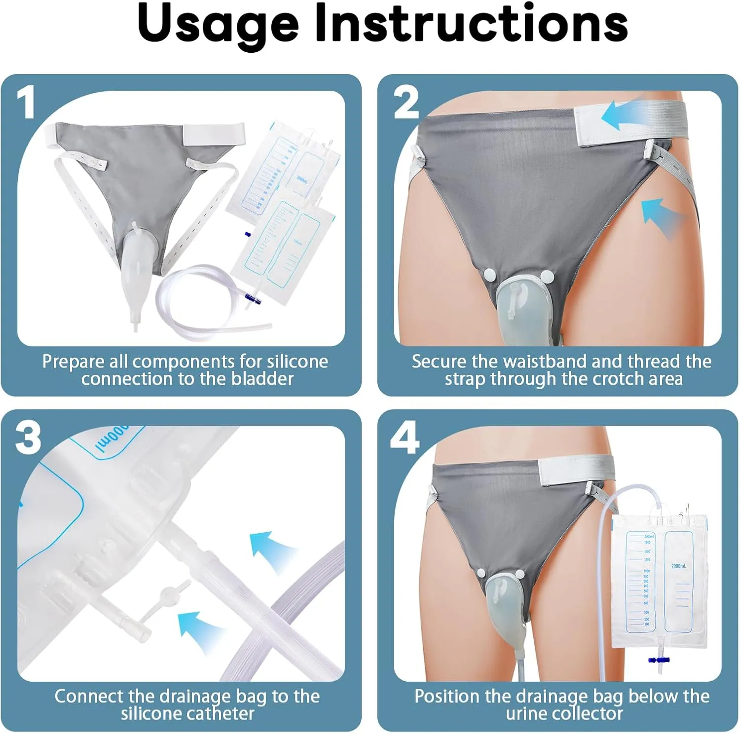 Wearable Urine Collection Set with Silicone Catching Capsule, 1.2M Flexible Catheter, Cotton Pants, and 1000ml & 2000ml Bags for Comfort & Efficiency, Men Blue