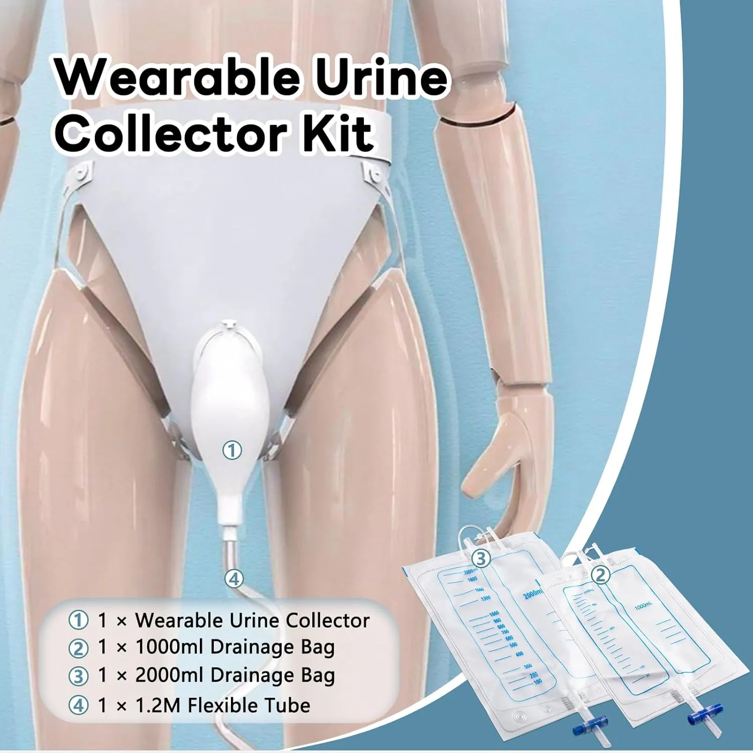Wearable Urine Collection Set with Silicone Catching Capsule, 1.2M Flexible Catheter, Cotton Pants, and 1000ml & 2000ml Bags for Comfort & Efficiency, Men Blue