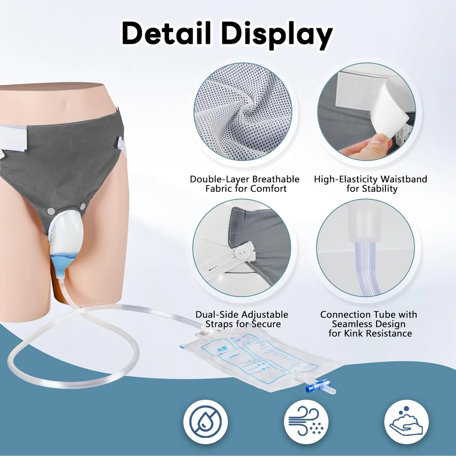 Wearable Urine Collection Set with Silicone Catching Capsule, 1.2M Flexible Catheter, Cotton Pants, and 1000ml & 2000ml Bags for Comfort & Efficiency, Men Blue