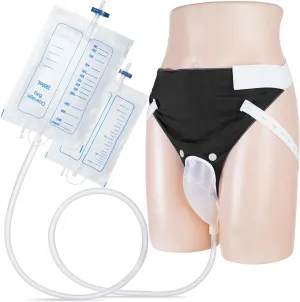 Wearable Urine Collector Set with Silicone Urine Catching Capsule, 1.2M Flexible Catheter, Breathable Cotton Pants, and 1000ml & 2000ml Collection Bags, Elderly Men Black