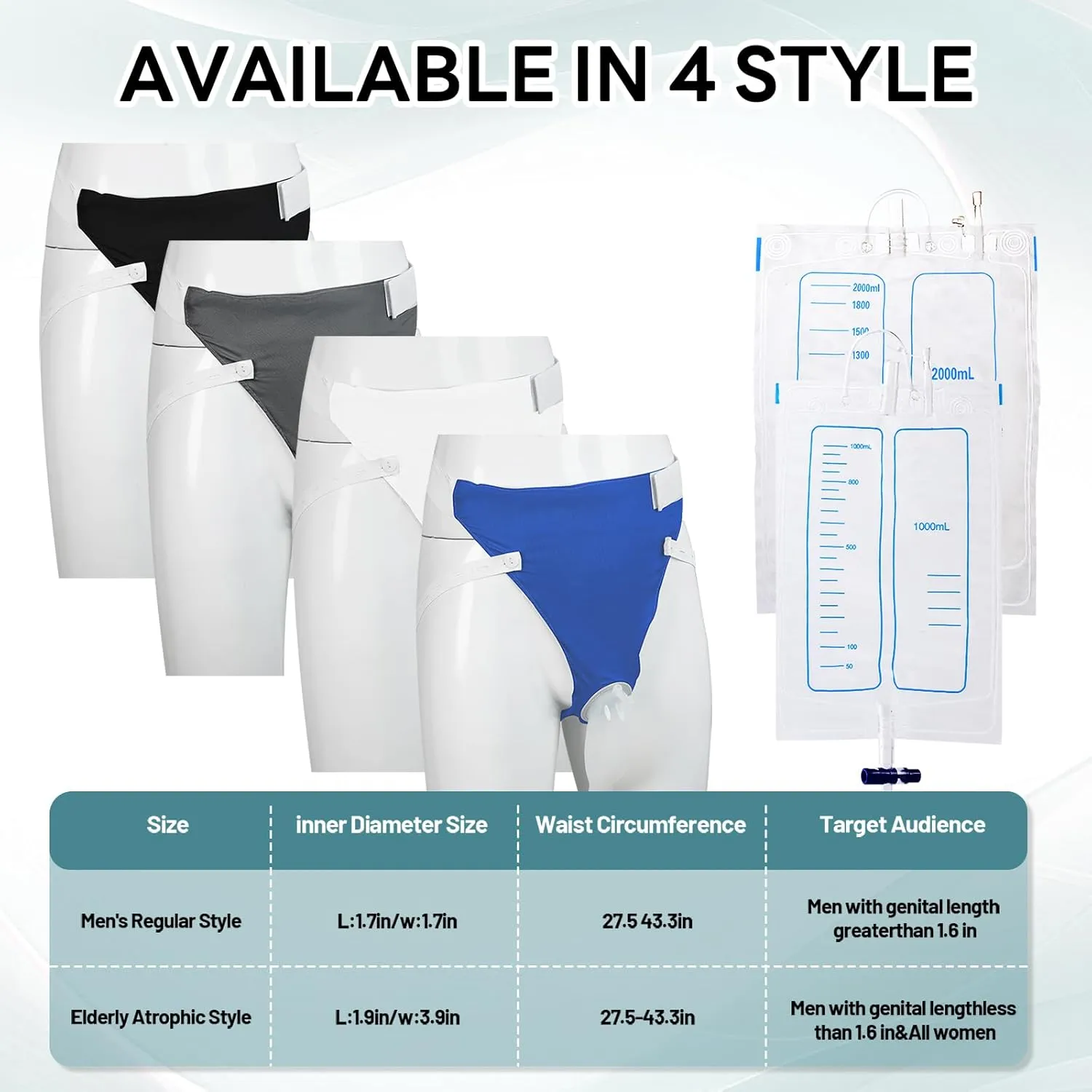 Wearable Urine Collector Set with Silicone Urine Catching Capsule, 1.2M Flexible Catheter, Breathable Cotton Pants, and 1000ml & 2000ml Collection Bags, Elderly Men Black