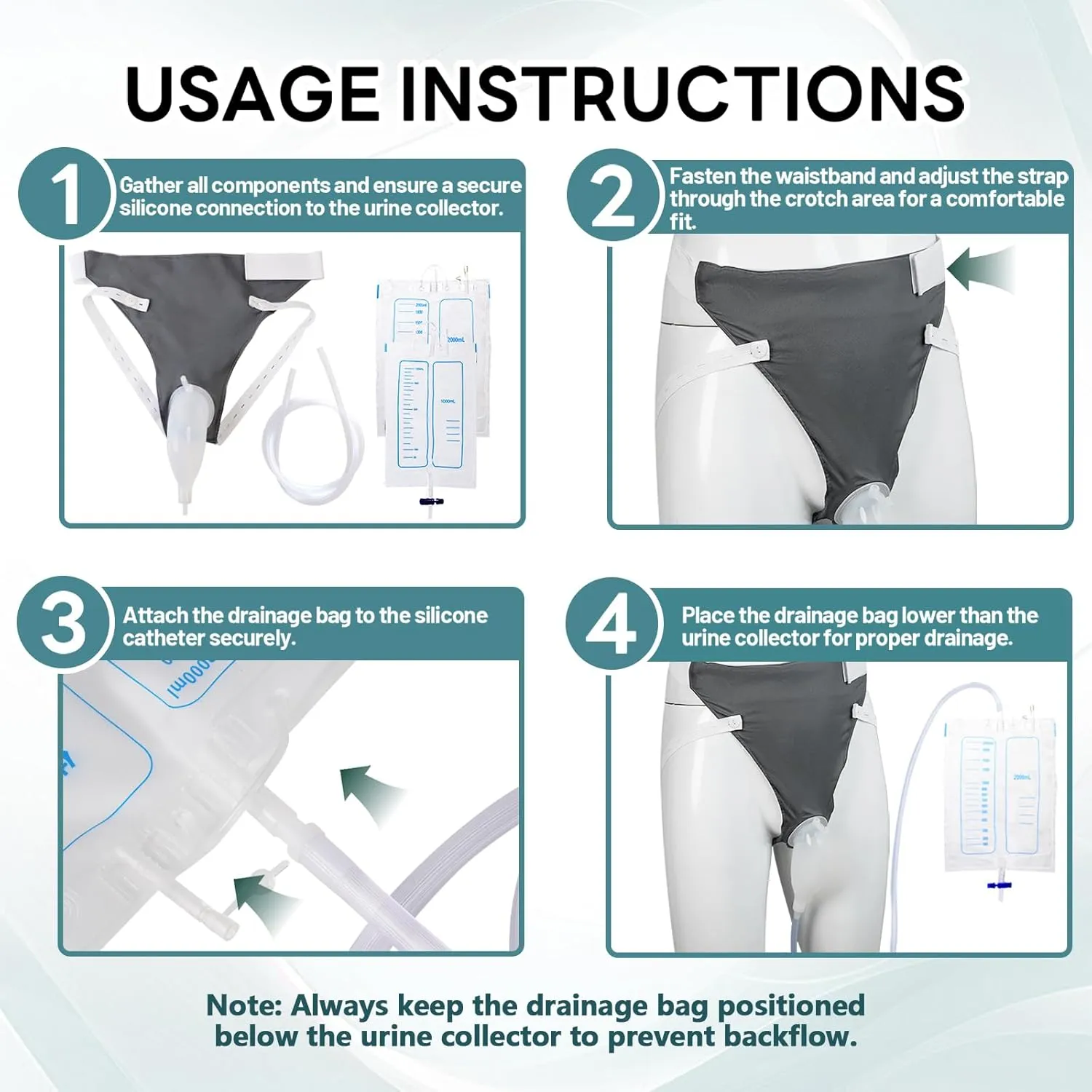 Wearable Urine Collector Set with Silicone Urine Catching Capsule, 1.2M Flexible Catheter, Breathable Cotton Pants, and 1000ml & 2000ml Collection Bags, Elderly Men Black
