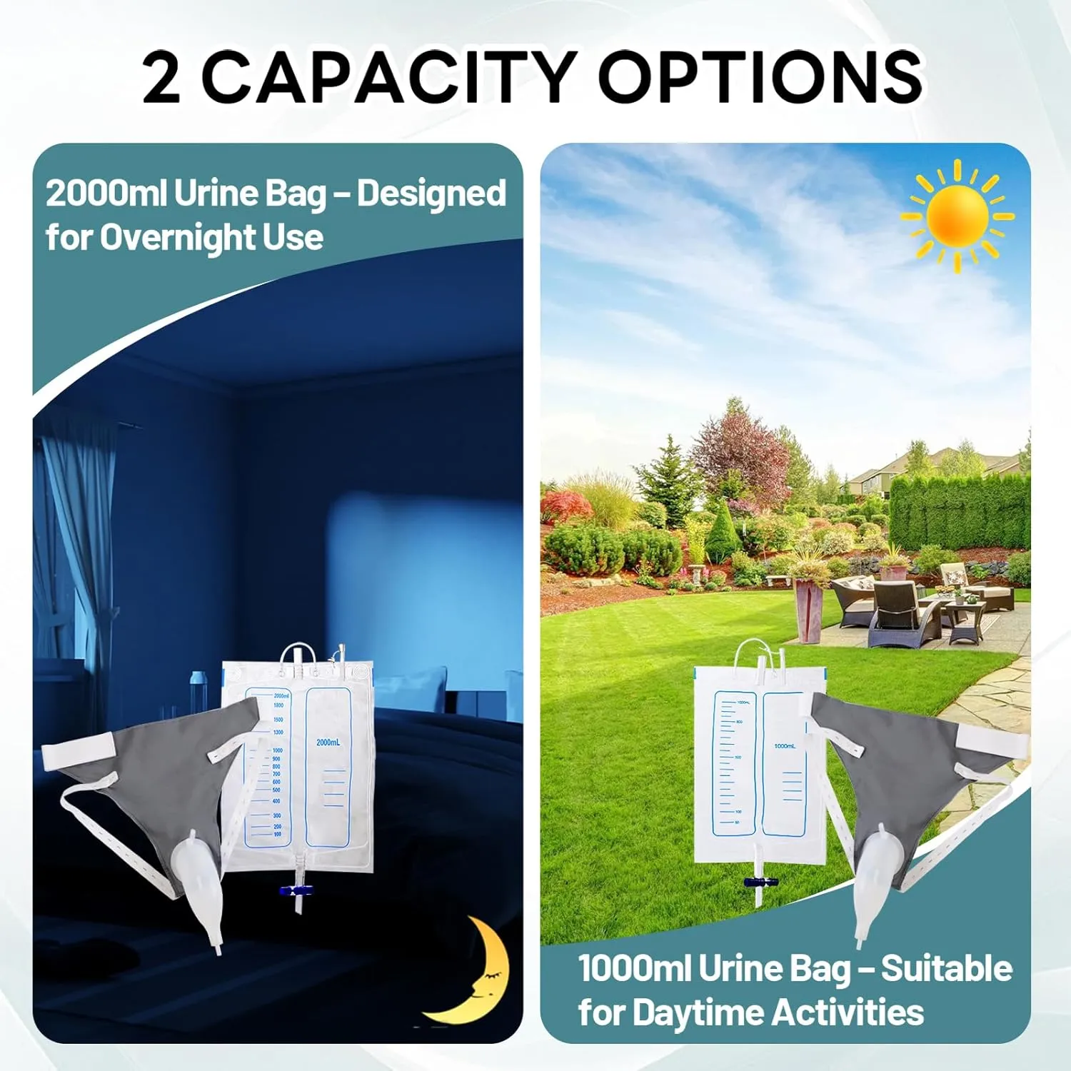 Wearable Urine Collector Set with Silicone Urine Catching Capsule, 1.2M Flexible Catheter, Breathable Cotton Pants, and 1000ml & 2000ml Collection Bags, Elderly Men Black