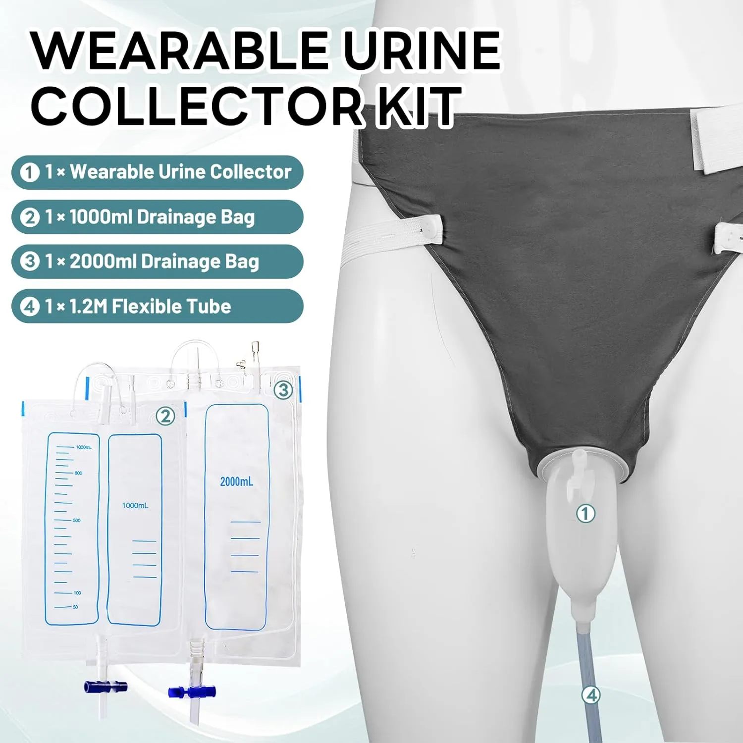 Wearable Urine Collector Set with Silicone Urine Catching Capsule, 1.2M Flexible Catheter, Breathable Cotton Pants, and 1000ml & 2000ml Collection Bags, Elderly Men Black
