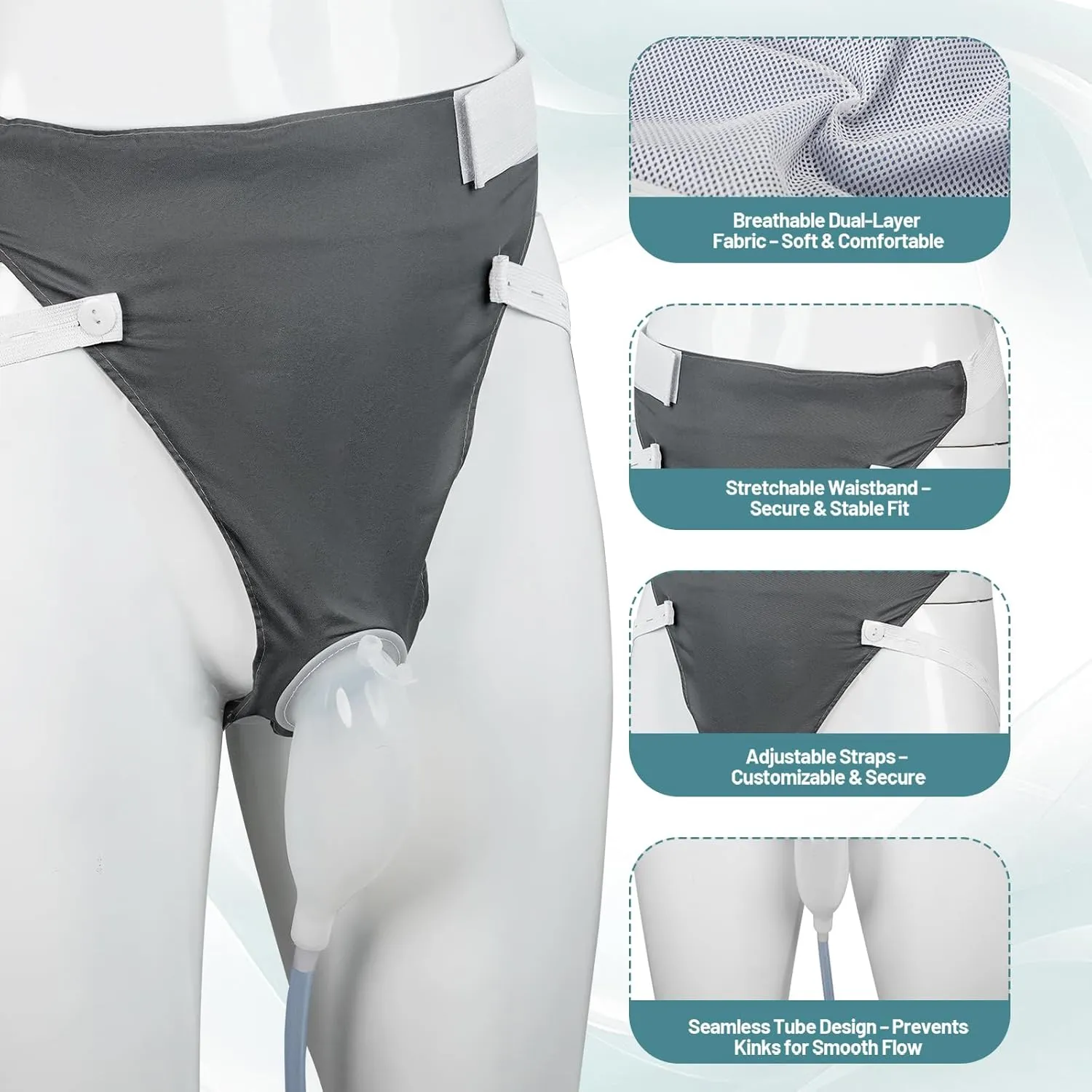 Wearable Urine Collector Set with Silicone Urine Catching Capsule, 1.2M Flexible Catheter, Breathable Cotton Pants, and 1000ml & 2000ml Collection Bags, Elderly Men Black