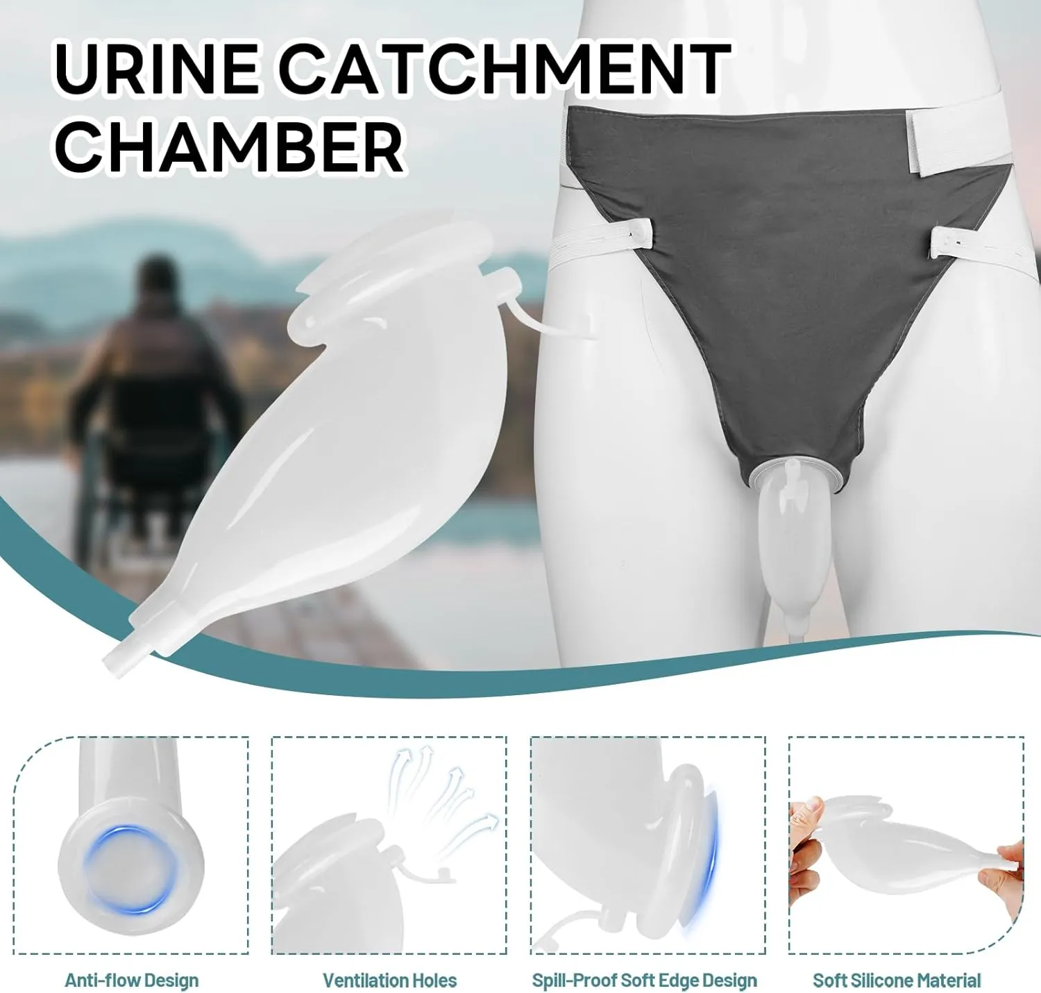 Wearable Urine Collector Set with Silicone Urine Catching Capsule, 1.2M Flexible Catheter, Breathable Cotton Pants, and 1000ml & 2000ml Collection Bags, Elderly Men Black