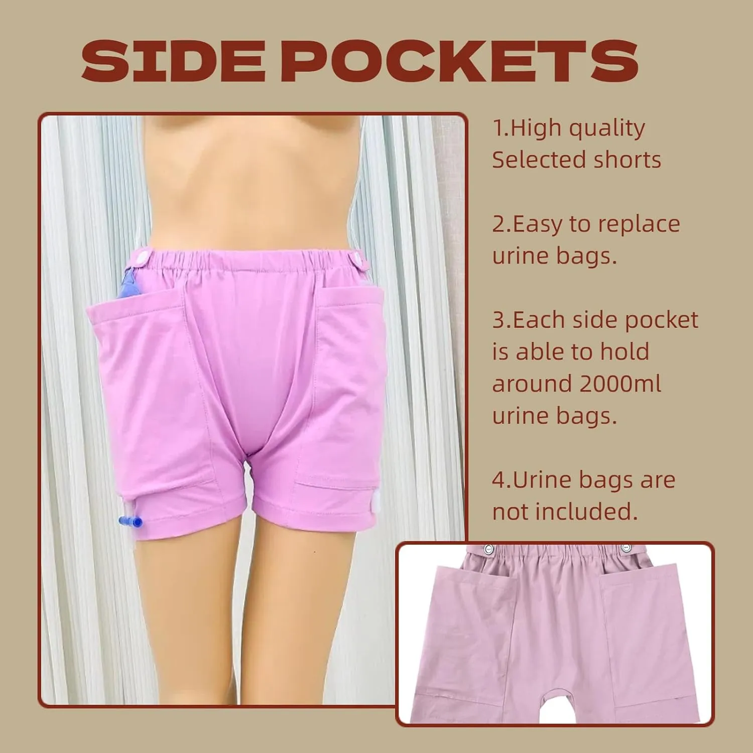 WEEOATAR Women Ostomy Pants Patient Underwear Incontinence Care Shorts,2 Side Pockets to Store Urine Bags Easy to Use,Fistula Pants for Nephrostomy,Suprapubic and Biliary Catheters(Purple,XL)