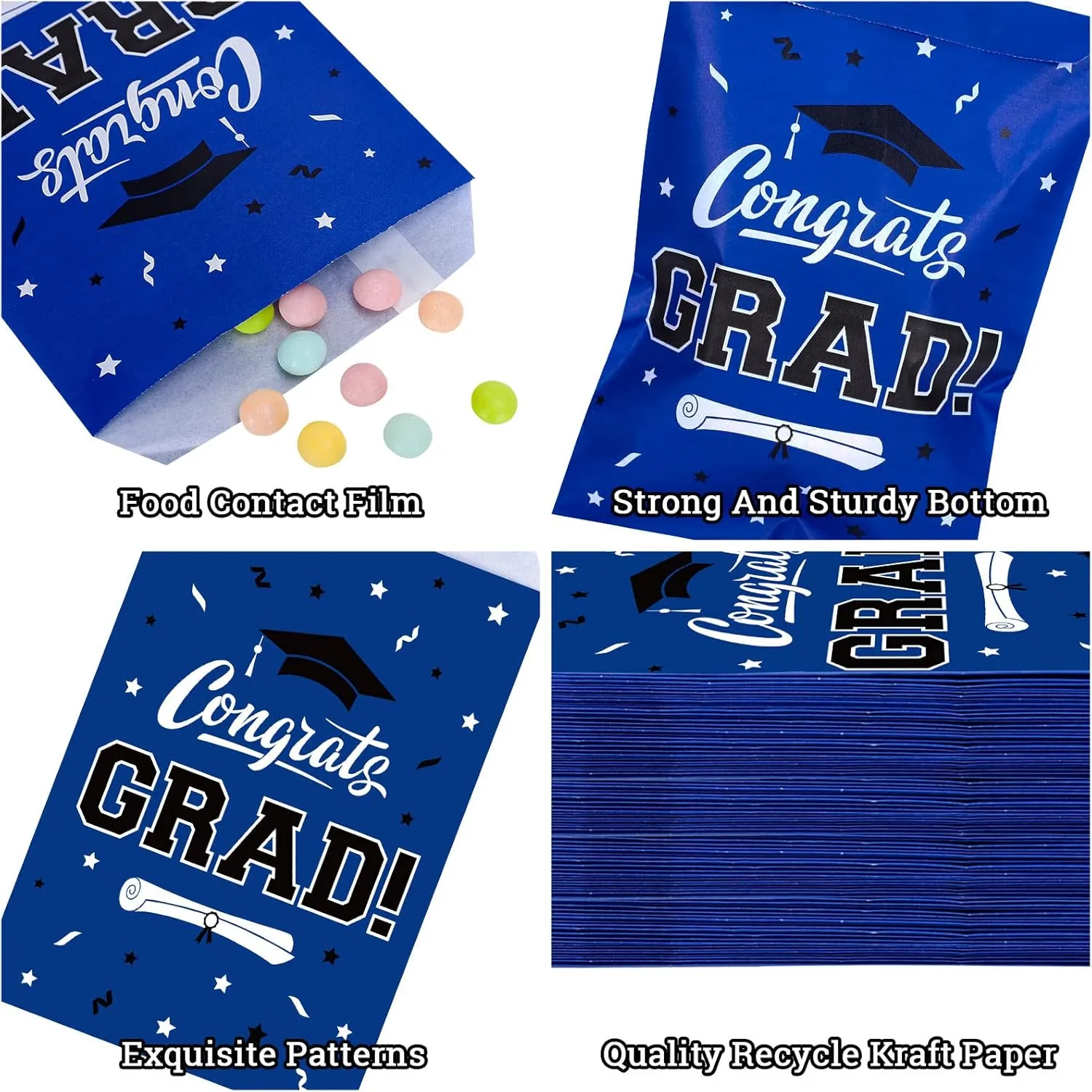 Whaline 100Pcs Graduation Goodie Treat Bags Congrats 2025 Grad Buffet Paper Bag Blue Graduates Cookie Gift Bags for Party Decoration Supplies, 5.1 x 7.3 Inch