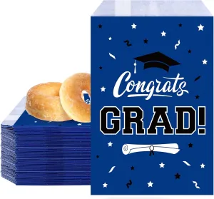 Whaline 100Pcs Graduation Goodie Treat Bags Congrats 2025 Grad Buffet Paper Bag Blue Graduates Cookie Gift Bags for Party Decoration Supplies, 5.1 x 7.3 Inch