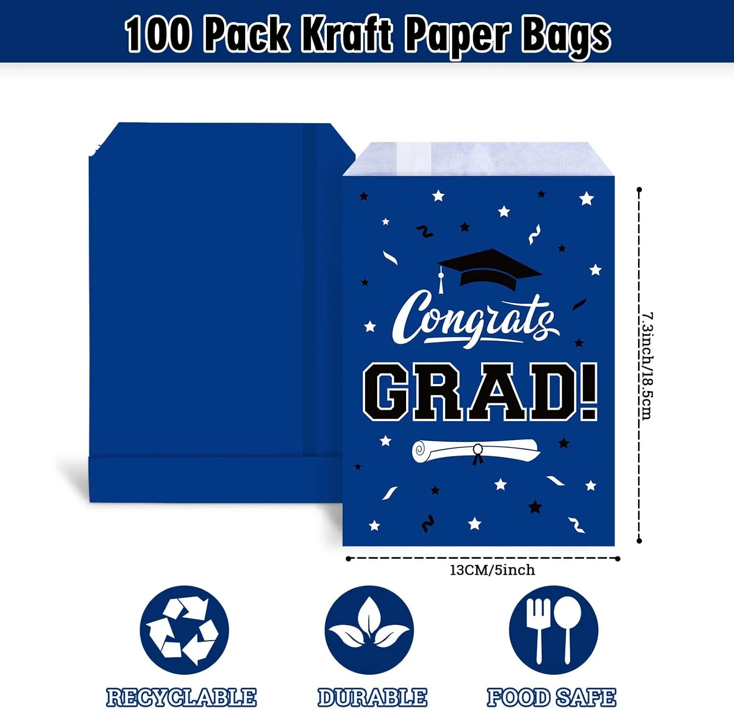 Whaline 100Pcs Graduation Goodie Treat Bags Congrats 2025 Grad Buffet Paper Bag Blue Graduates Cookie Gift Bags for Party Decoration Supplies, 5.1 x 7.3 Inch