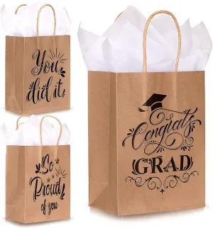 Whaline 12Pcs Graduation Kraft Bag with White Tissue Paper Congrats Grad Party Gift Favor Bags with Handle 3 Designs Black Gold Paper Congratulations Treat Candy Bag for College High School