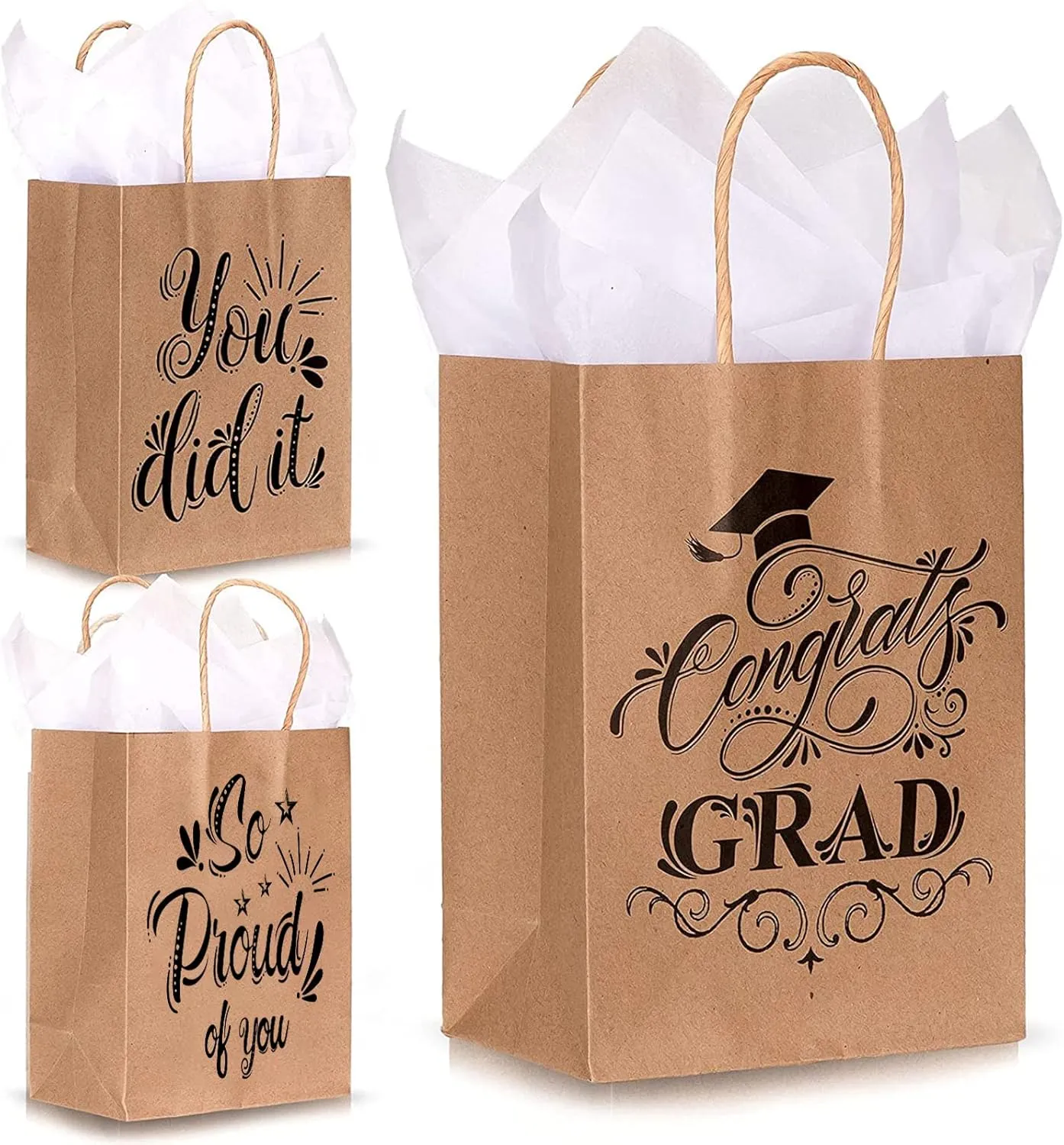 Whaline 12Pcs Graduation Kraft Bag with White Tissue Paper Congrats Grad Party Gift Favor Bags with Handle 3 Designs Black Gold Paper Congratulations Treat Candy Bag for College High School