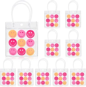 Whaline Preppy Smile Clear PVC Gift Bags Pink Happy Face Party Favor Bags with Handles One Happy Dude Treat Tote Bags for Mother's Day Wedding Birthday Baby Shower Party Supplies, 12Pcs