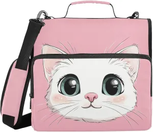 White Cat Face Pink Zipper Binder with Shoulder Strap Trapper Keeper 3 Ring Binder Organizer Large Capacity Multiple Compartments for School Office
