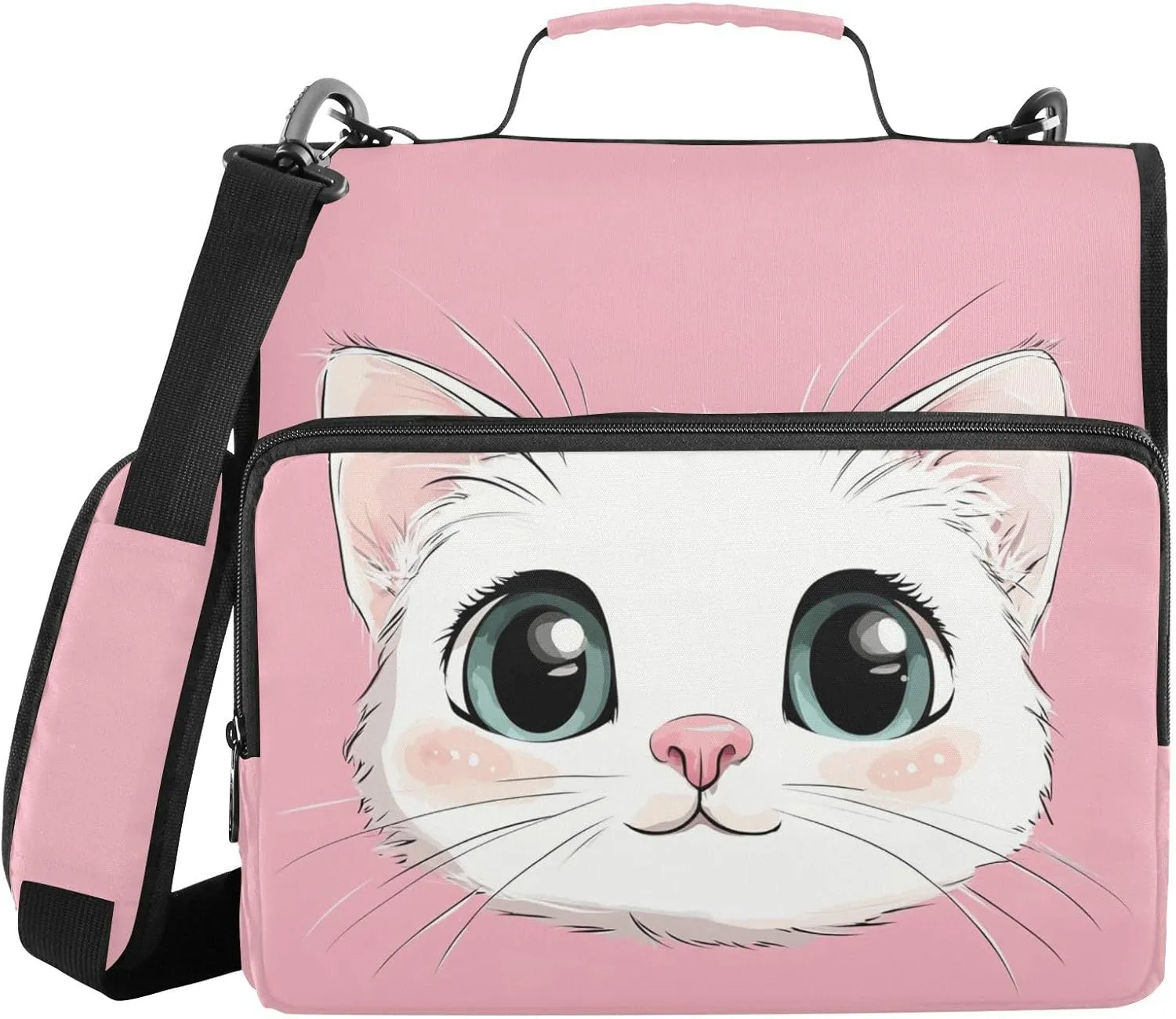 White Cat Face Pink Zipper Binder with Shoulder Strap Trapper Keeper 3 Ring Binder Organizer Large Capacity Multiple Compartments for School Office