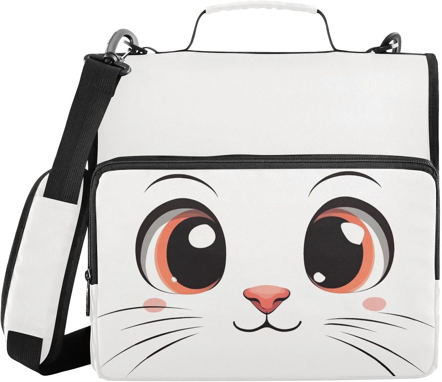 White Cat Face Zipper Binder with Shoulder Strap Trapper Keeper 3 Ring Binder Organizer Large Capacity Multiple Compartments for School Office