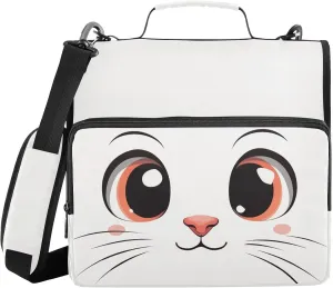 White Cat Face Zipper Binder with Shoulder Strap Trapper Keeper 3 Ring Binder Organizer Large Capacity Multiple Compartments for School Office