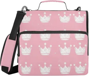 White Crowns Pink Doodle Zipper Binder with Shoulder Strap Trapper Keeper 3 Ring Binder Organizer Large Capacity Multiple Compartments for School Office