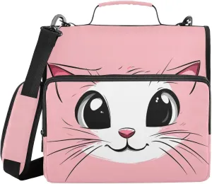 White Pink Cat Face Zipper Binder with Shoulder Strap Trapper Keeper 3 Ring Binder Organizer Large Capacity Multiple Compartments for School Office