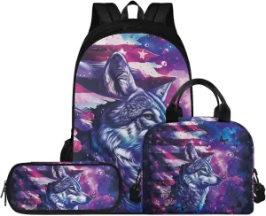 Wolf Galaxy Backpack for Girls 17 Inch School Bag Grade 1 American Flag Bookbag with Lunchbox Ergonomic 3 Piece Kindergarten Playground Travel Rucksack