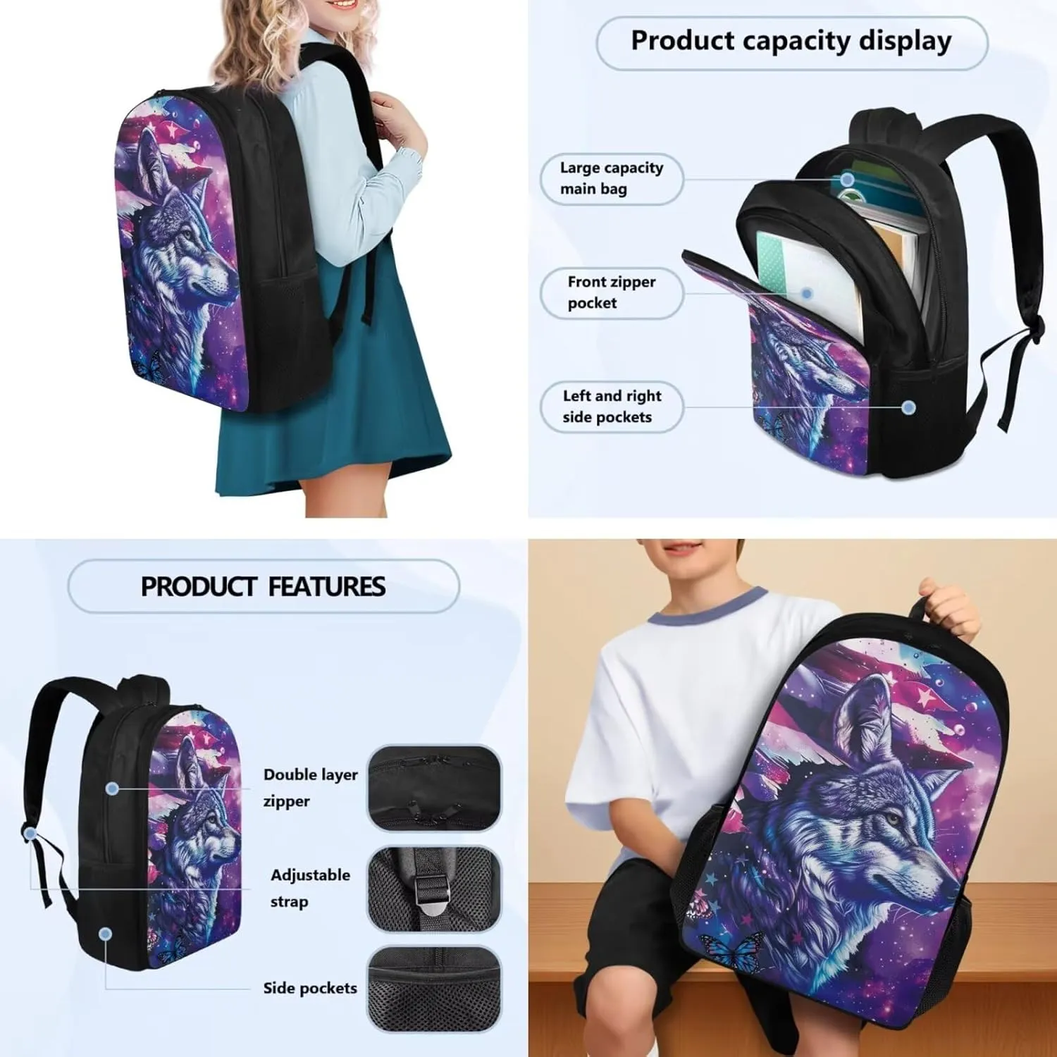 Wolf Galaxy Backpack for Girls 17 Inch School Bag Grade 1 American Flag Bookbag with Lunchbox Ergonomic 3 Piece Kindergarten Playground Travel Rucksack