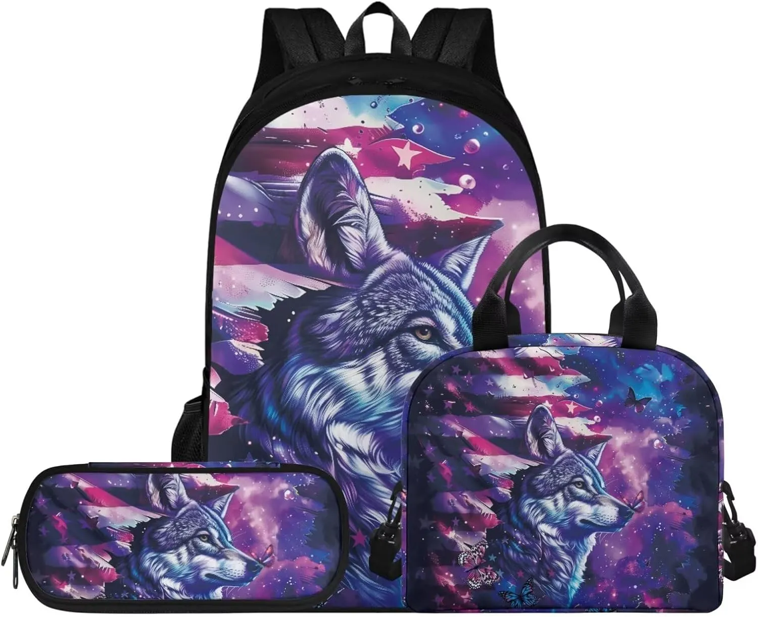 Wolf Galaxy Backpack for Girls 17 Inch School Bag Grade 1 American Flag Bookbag with Lunchbox Ergonomic 3 Piece Kindergarten Playground Travel Rucksack