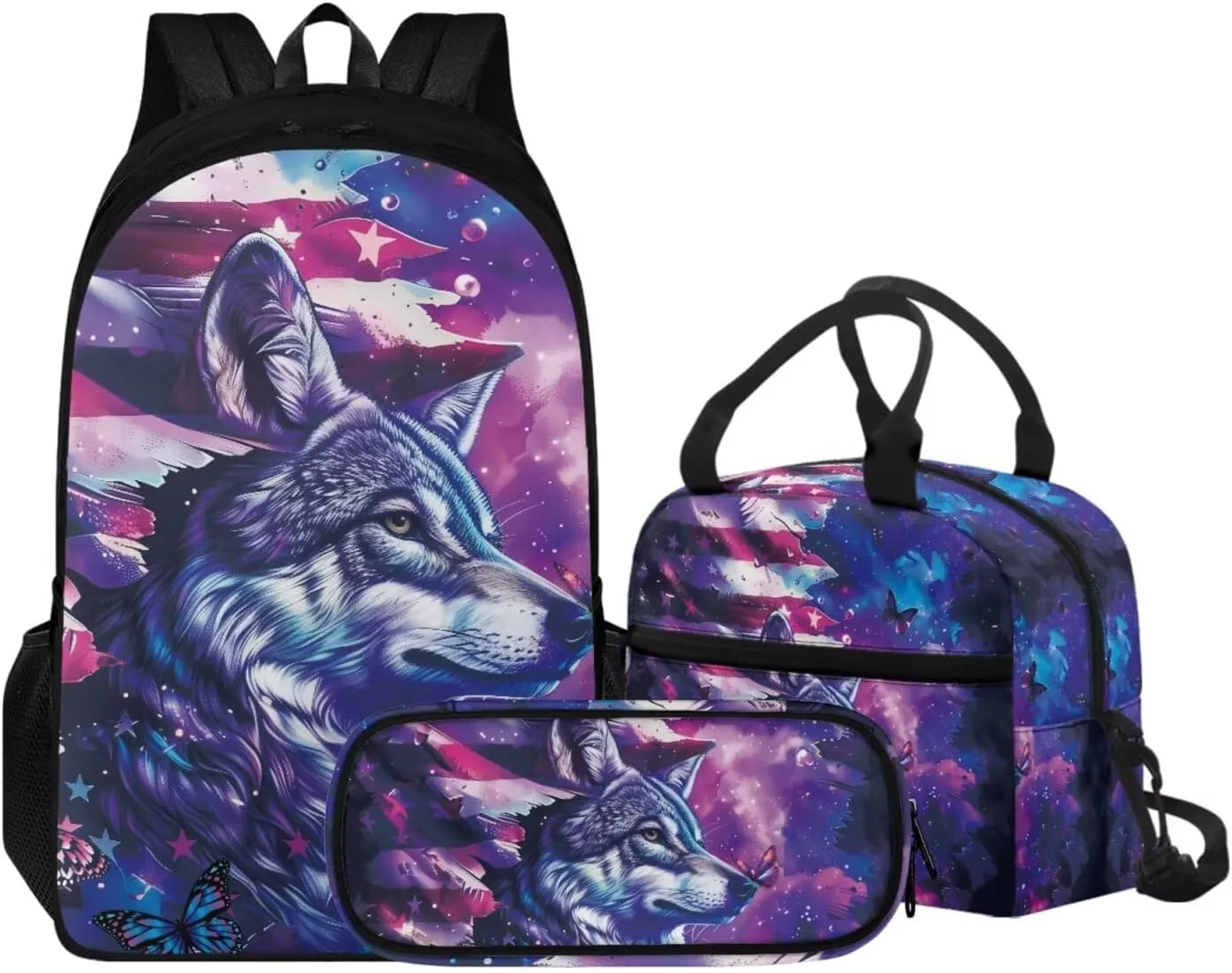 Wolf Galaxy Backpack for Girls 17 Inch School Bag Grade 1 American Flag Bookbag with Lunchbox Ergonomic 3 Piece Kindergarten Playground Travel Rucksack