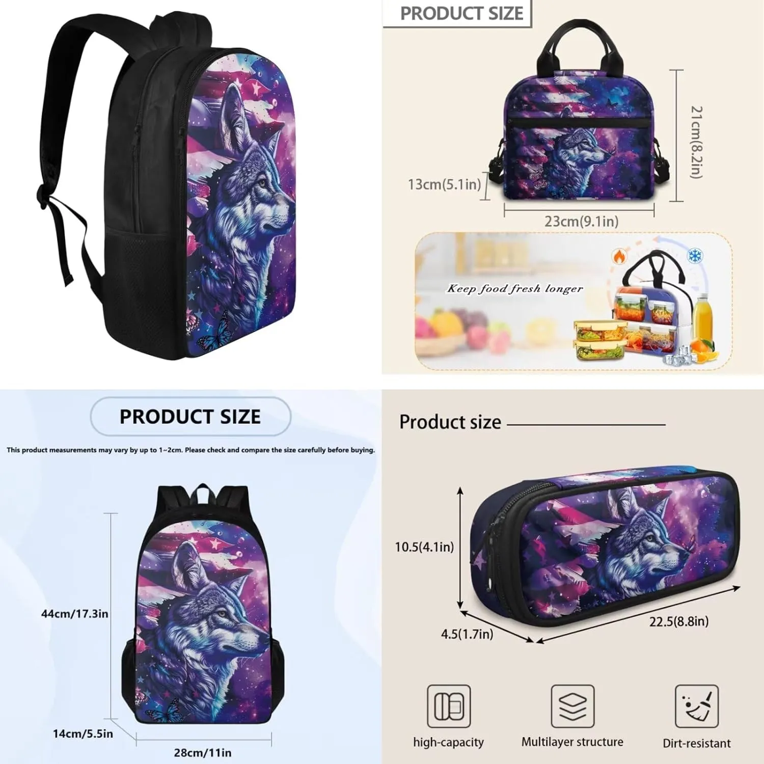 Wolf Galaxy Backpack for Girls 17 Inch School Bag Grade 1 American Flag Bookbag with Lunchbox Ergonomic 3 Piece Kindergarten Playground Travel Rucksack