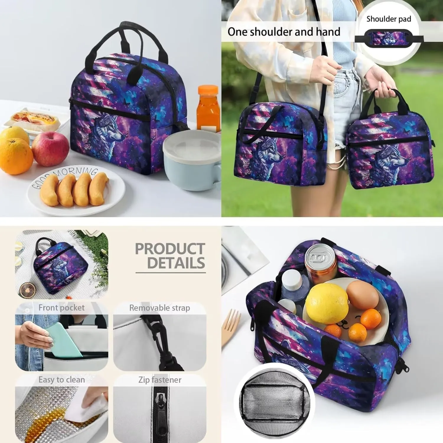 Wolf Galaxy Backpack for Girls 17 Inch School Bag Grade 1 American Flag Bookbag with Lunchbox Ergonomic 3 Piece Kindergarten Playground Travel Rucksack