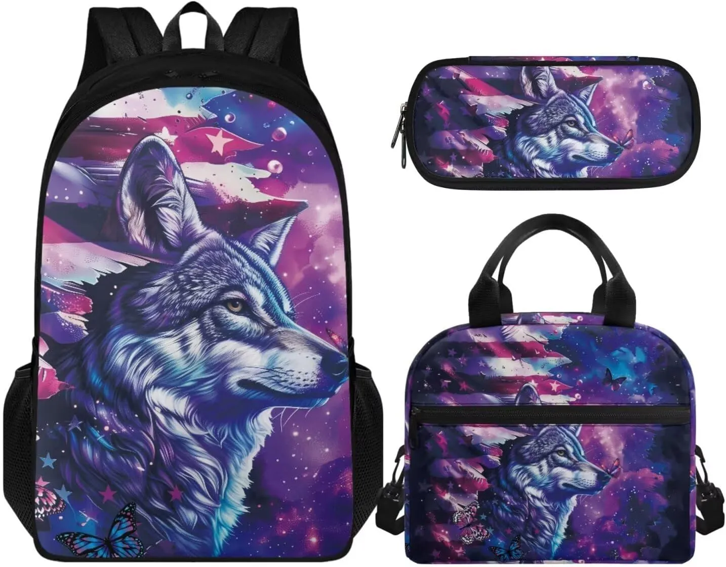 Wolf Galaxy Backpack for Girls 17 Inch School Bag Grade 1 American Flag Bookbag with Lunchbox Ergonomic 3 Piece Kindergarten Playground Travel Rucksack