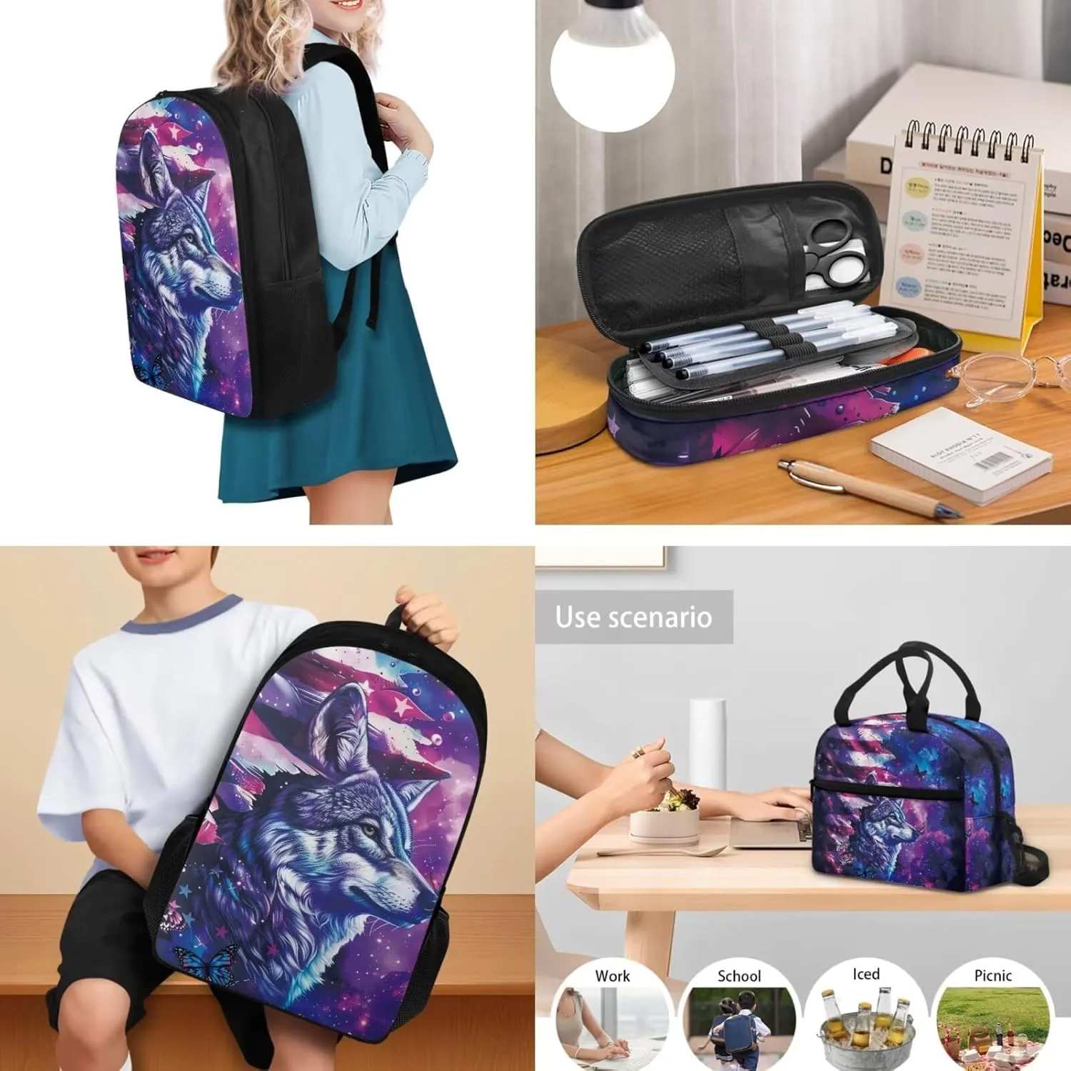 Wolf Galaxy Backpack for Girls 17 Inch School Bag Grade 1 American Flag Bookbag with Lunchbox Ergonomic 3 Piece Kindergarten Playground Travel Rucksack