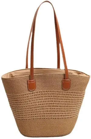 Women Beach Bags Summer Tote Bag Large Woven Straw Bucket Purse for Vacation Holiday Stripes Shoulder Handbag Brown