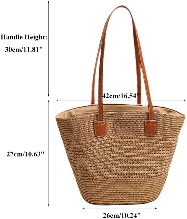 Women Beach Bags Summer Tote Bag Large Woven Straw Bucket Purse for Vacation Holiday Stripes Shoulder Handbag Brown