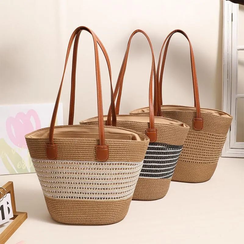 Women Beach Bags Summer Tote Bag Large Woven Straw Bucket Purse for Vacation Holiday Stripes Shoulder Handbag Brown