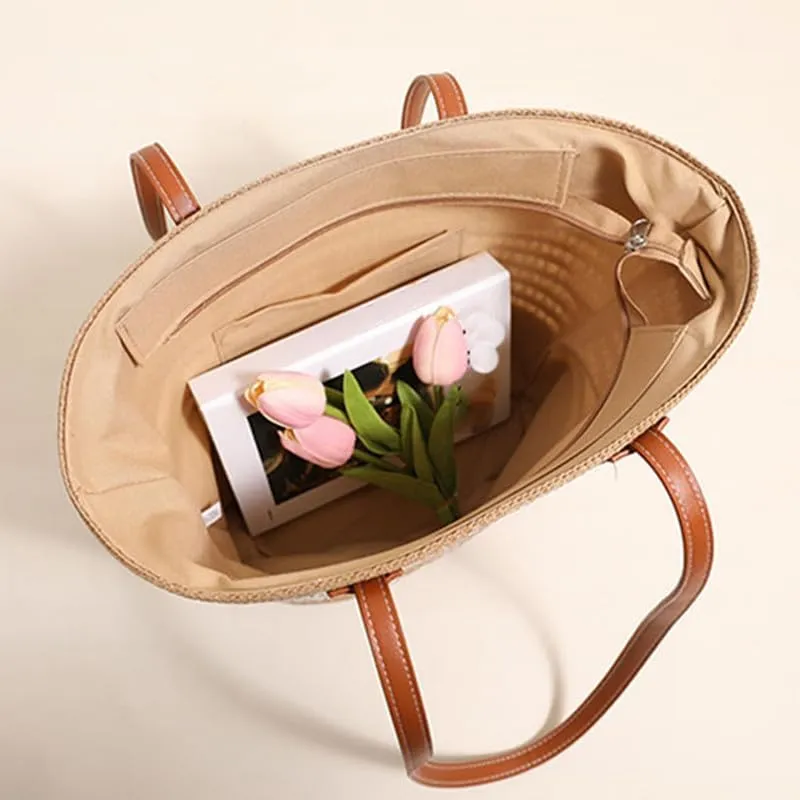 Women Beach Bags Summer Tote Bag Large Woven Straw Bucket Purse for Vacation Holiday Stripes Shoulder Handbag Brown