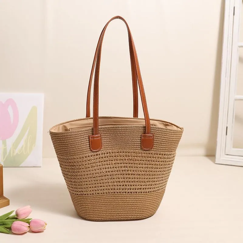 Women Beach Bags Summer Tote Bag Large Woven Straw Bucket Purse for Vacation Holiday Stripes Shoulder Handbag Brown